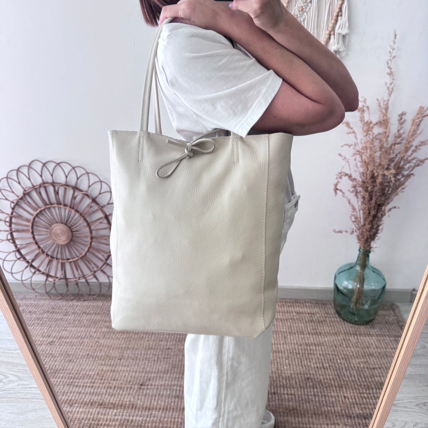 Bolso grande piel  beige personalizado iniciales bordadas