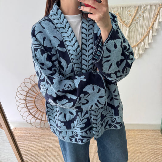 Kimono Boho Azul con Bordado