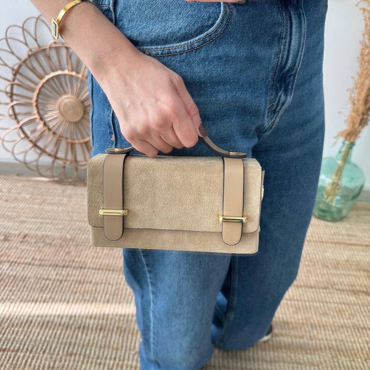 Bolso mini serraje y piel beige