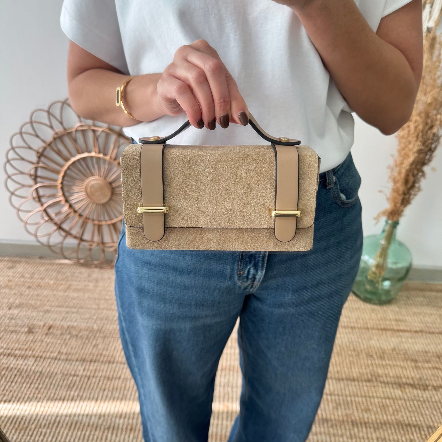 Bolso mini serraje y piel beige