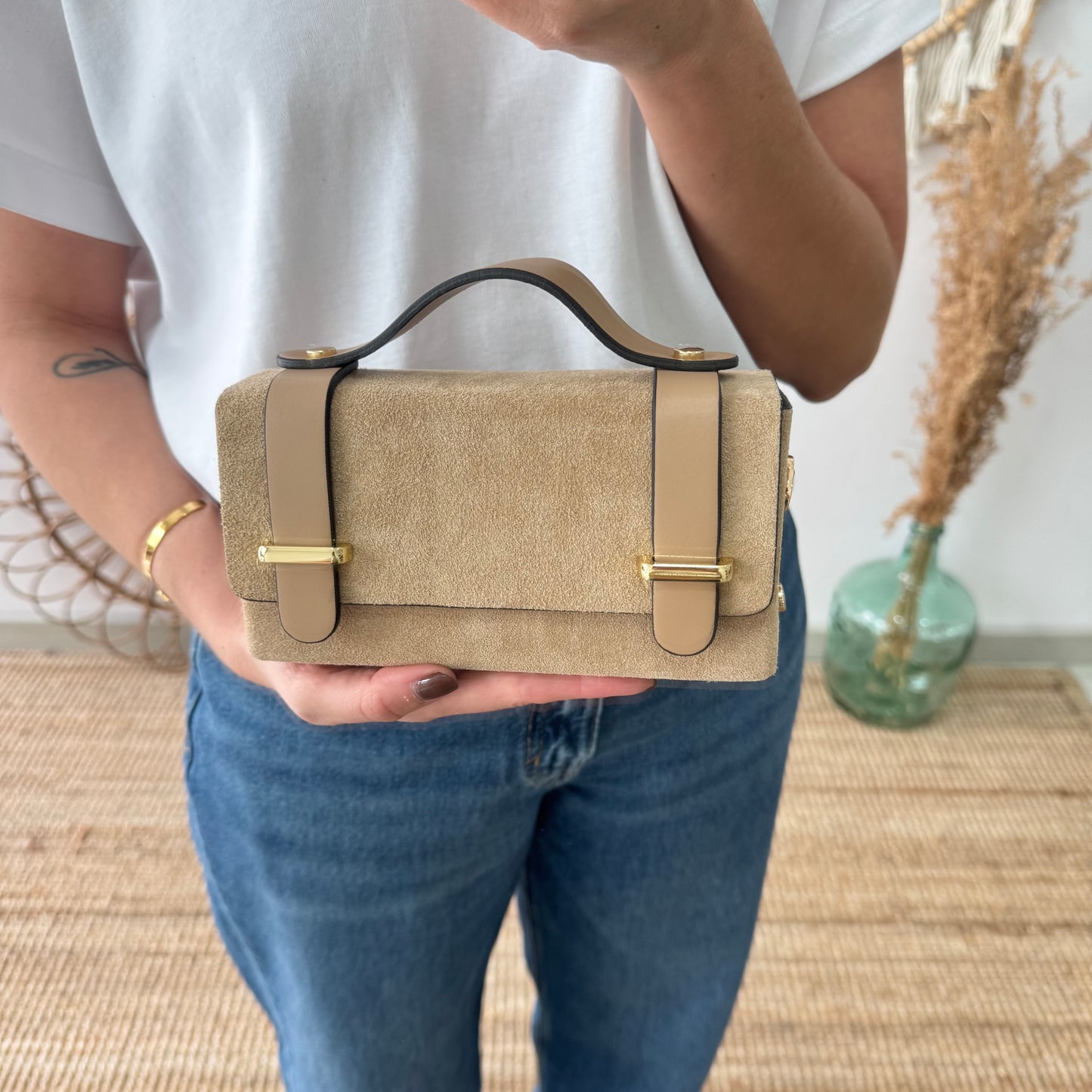 Bolso mini serraje y piel beige
