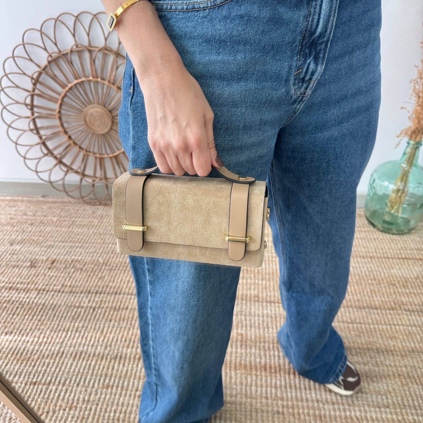 Bolso mini serraje y piel beige