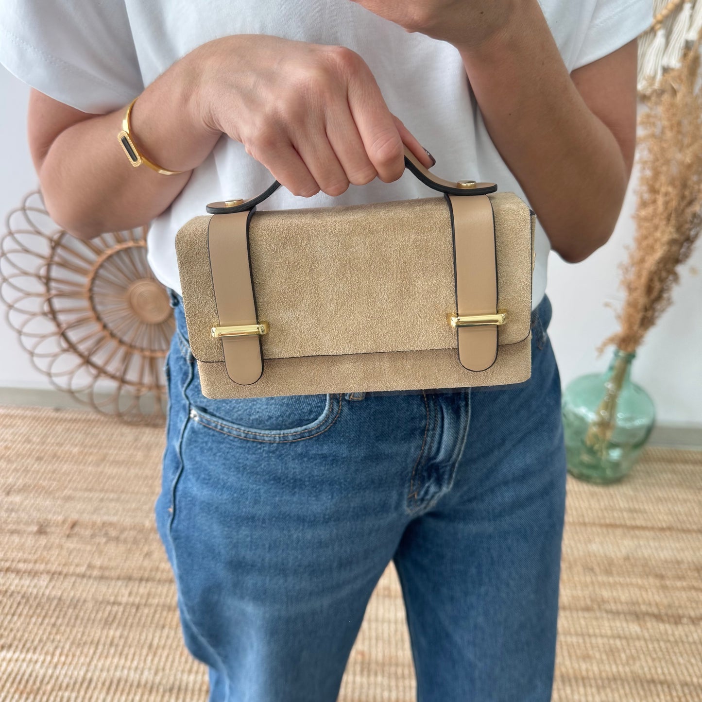 Bolso mini serraje y piel beige