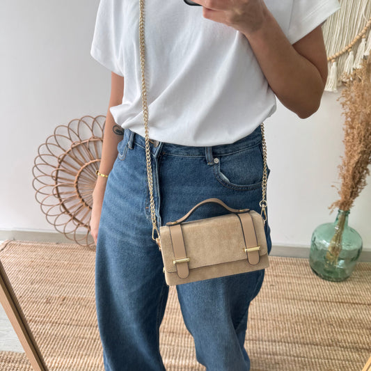Bolso mini serraje y piel beige