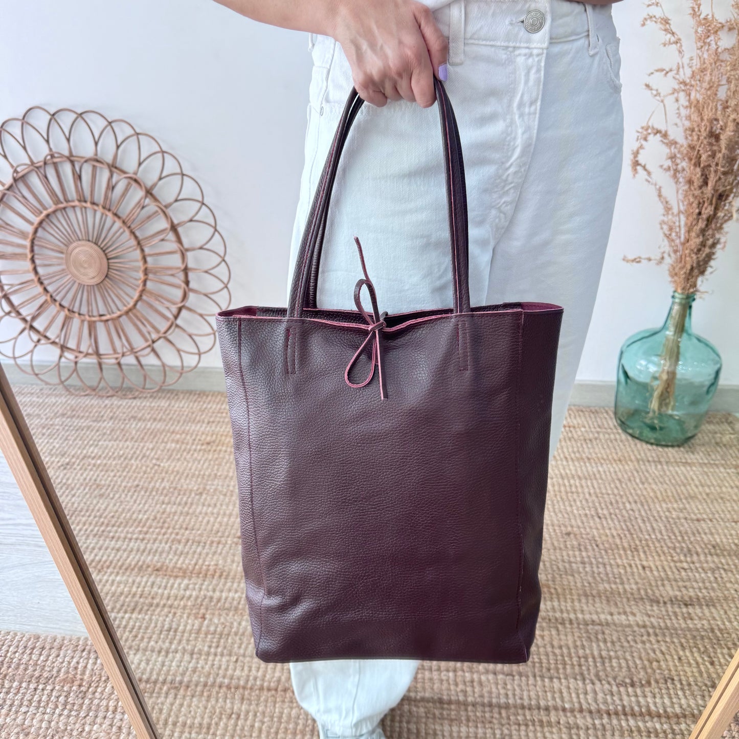 Bolso grande piel granate personalizado iniciales bordadas