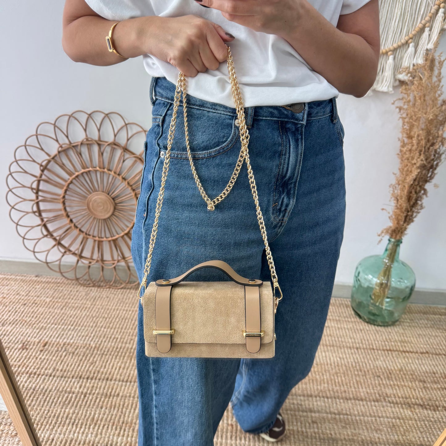 Bolso mini serraje y piel beige