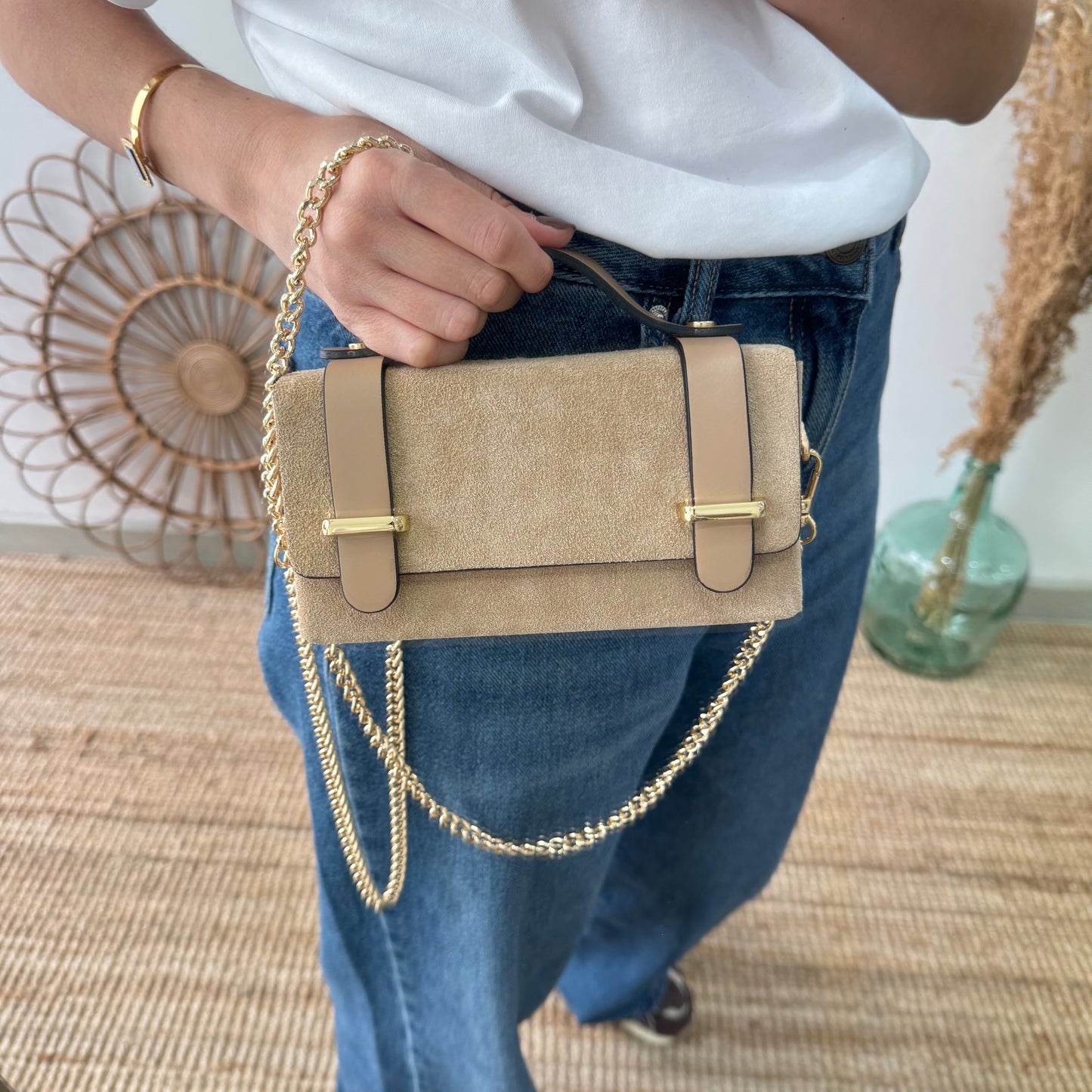 Bolso mini serraje y piel beige