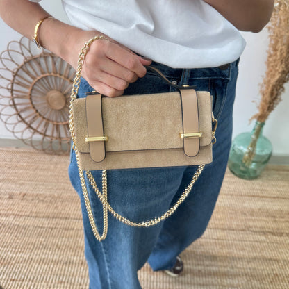 Bolso mini serraje y piel beige