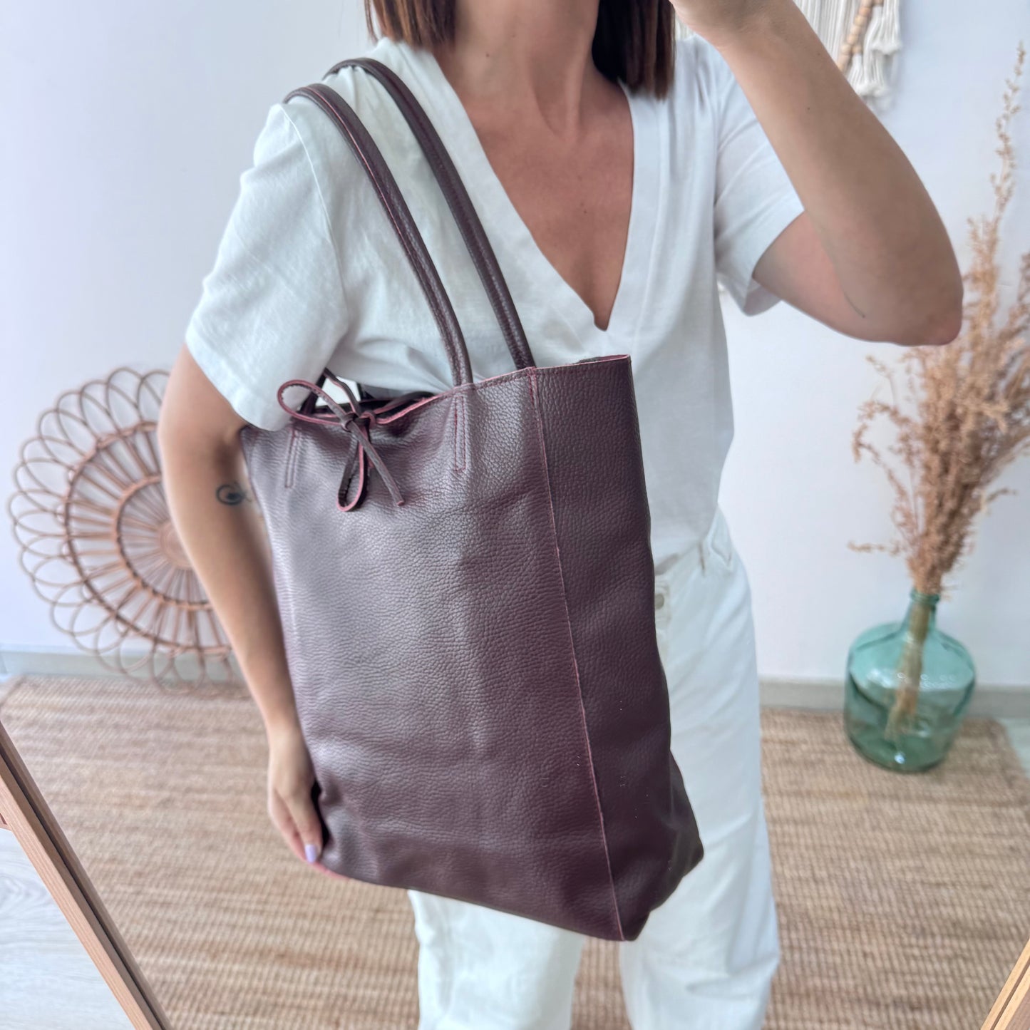 Bolso grande piel granate personalizado iniciales bordadas