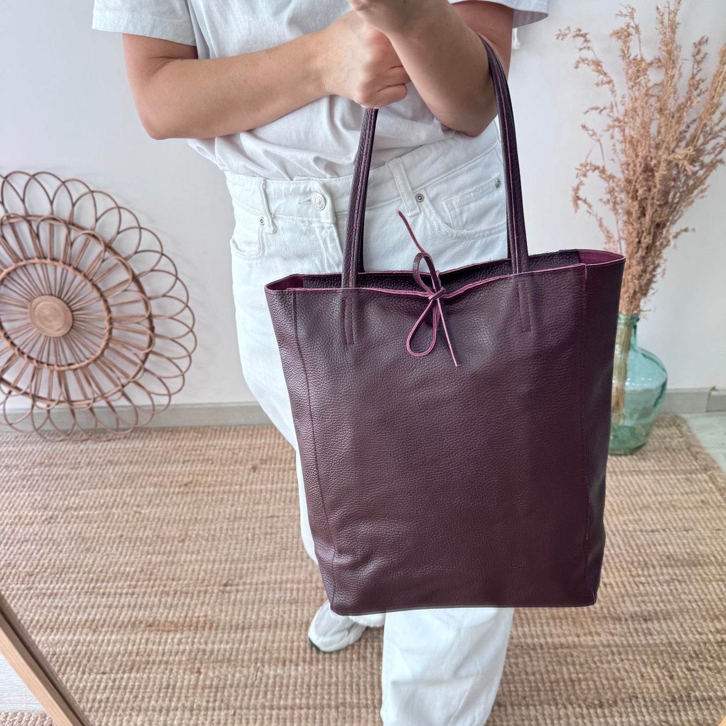 Bolso grande piel granate personalizado iniciales bordadas