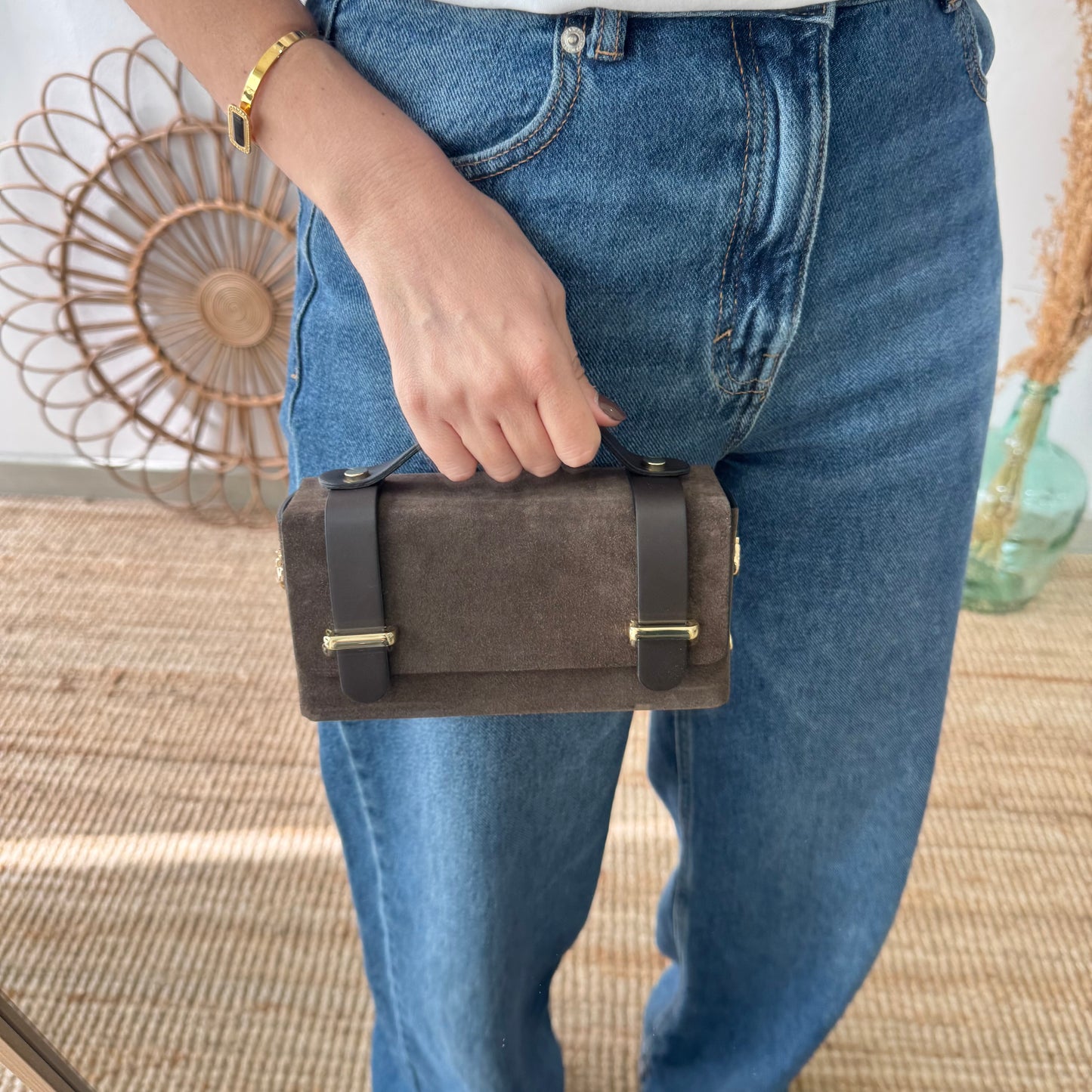 Bolso mini serraje y piel marrón chocolate