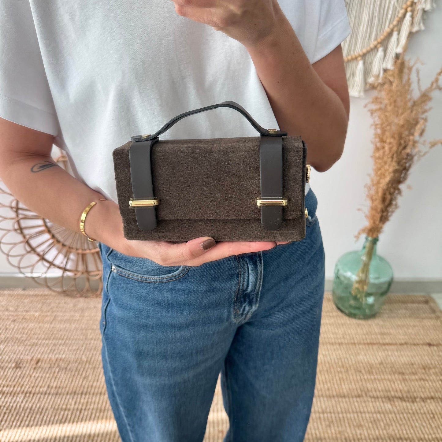 Bolso mini serraje y piel marrón chocolate