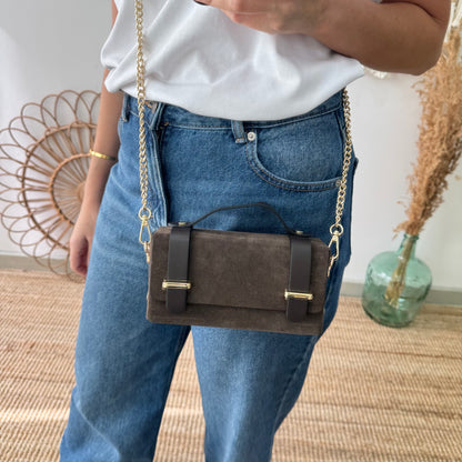 Bolso mini serraje y piel marrón chocolate