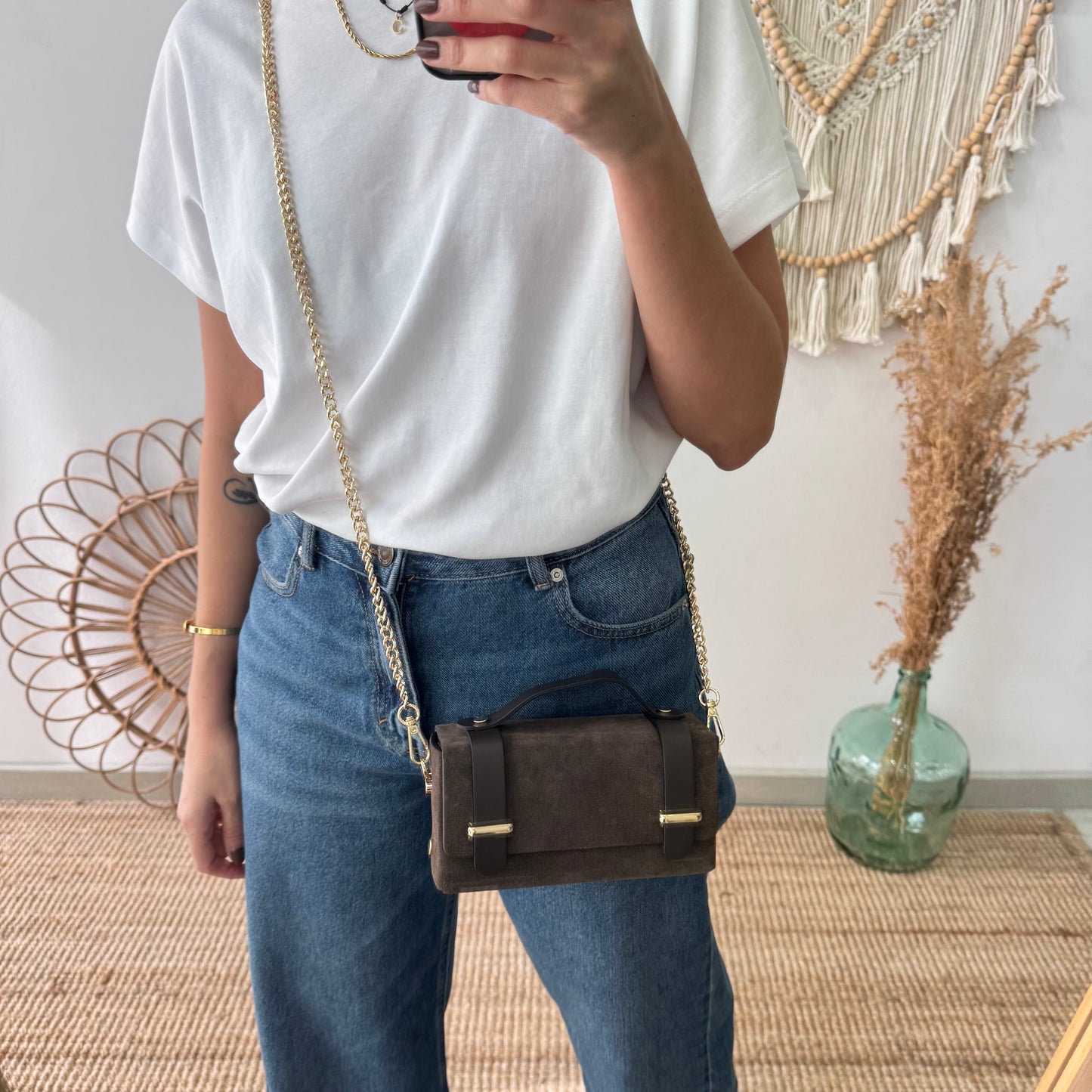 Bolso mini serraje y piel marrón chocolate
