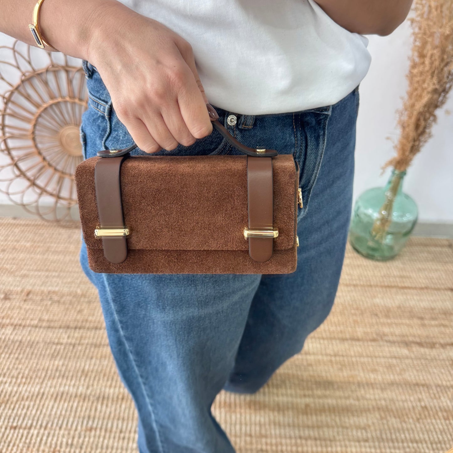 Bolso mini serraje y piel marrón