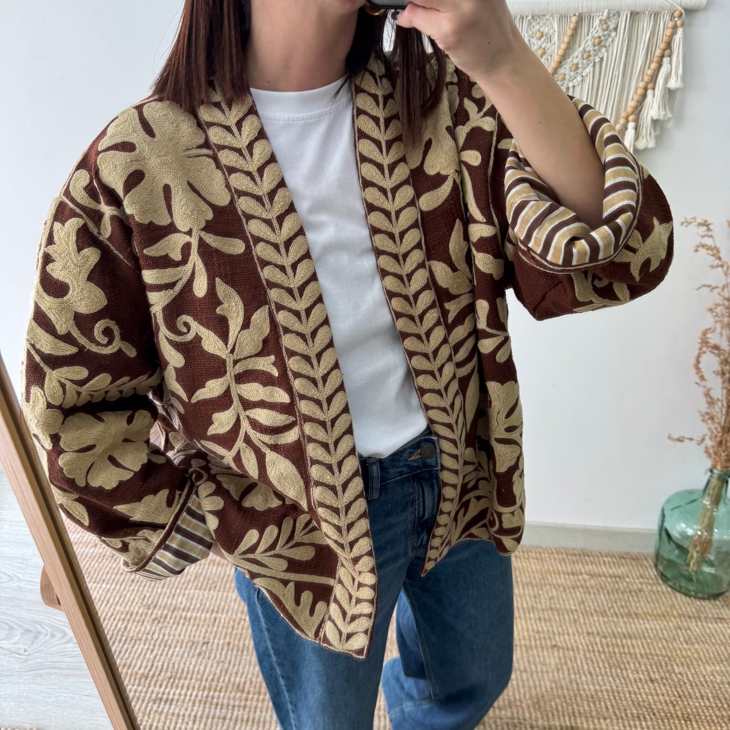Kimono Boho marrón con Bordado