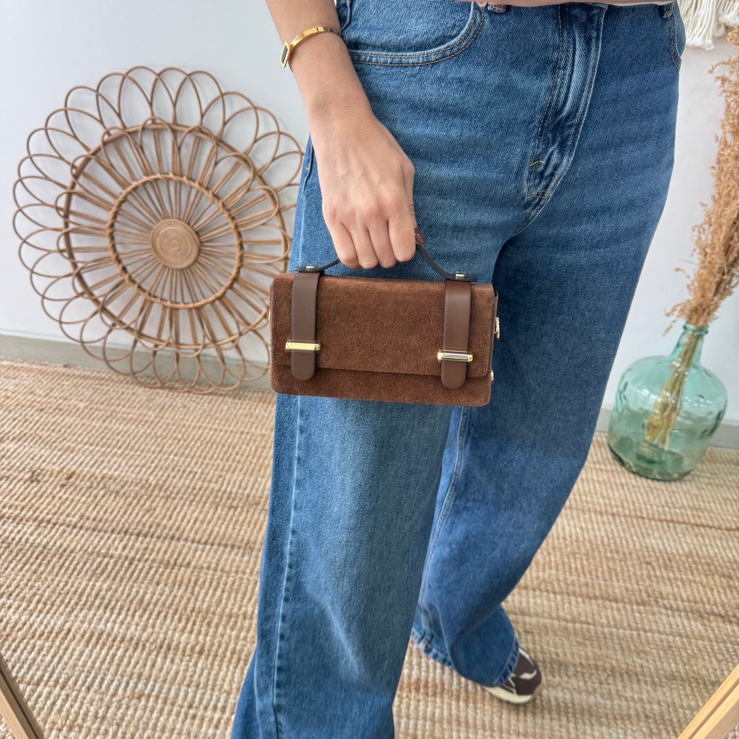 Bolso mini serraje y piel marrón