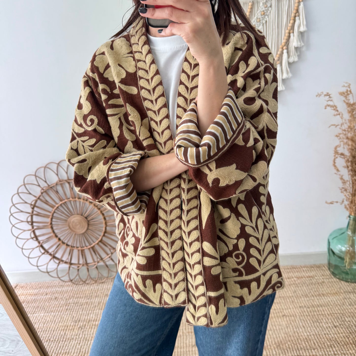 Kimono Boho marrón con Bordado