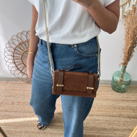 Bolso mini serraje y piel marrón