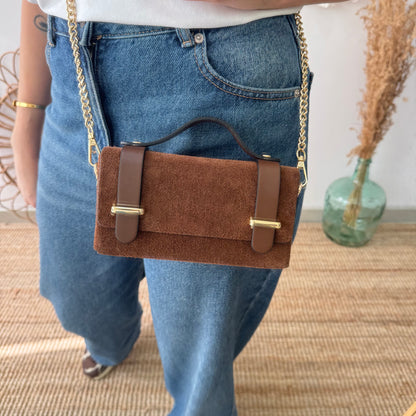 Bolso mini serraje y piel marrón