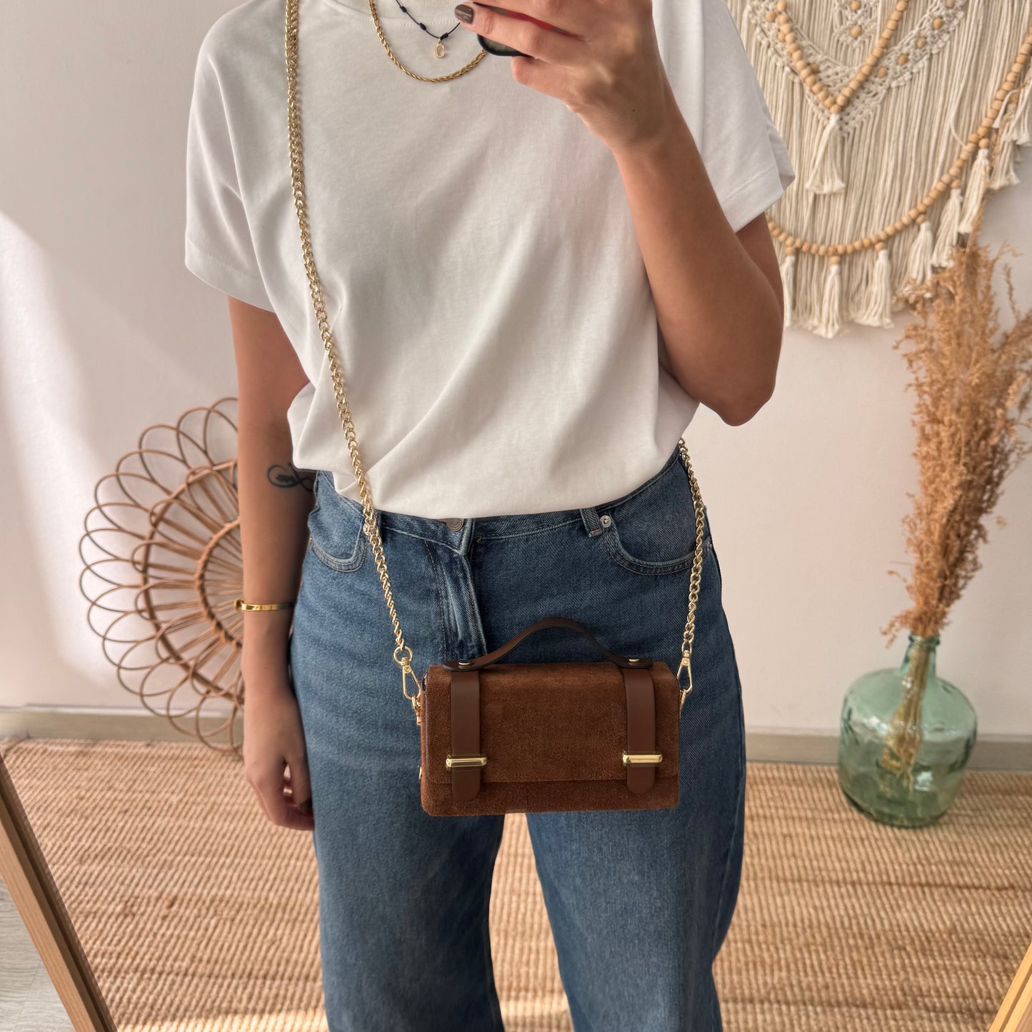 Bolso mini serraje y piel marrón