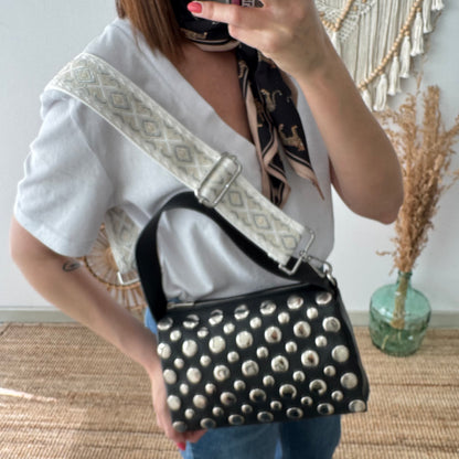 Bolso bowling negra piel tachuelas herrajes plata