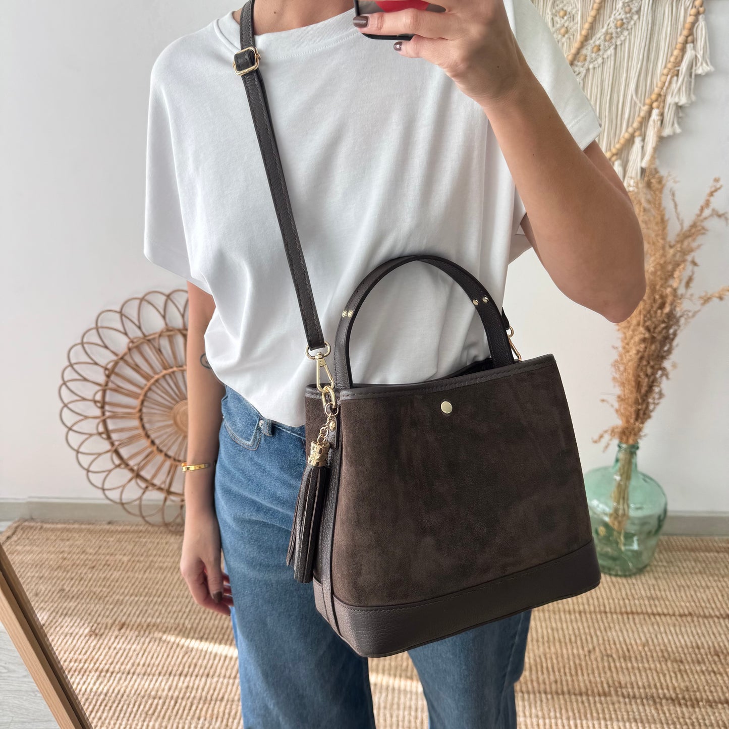 Bolso trapecio combinado serraje y piel marrón