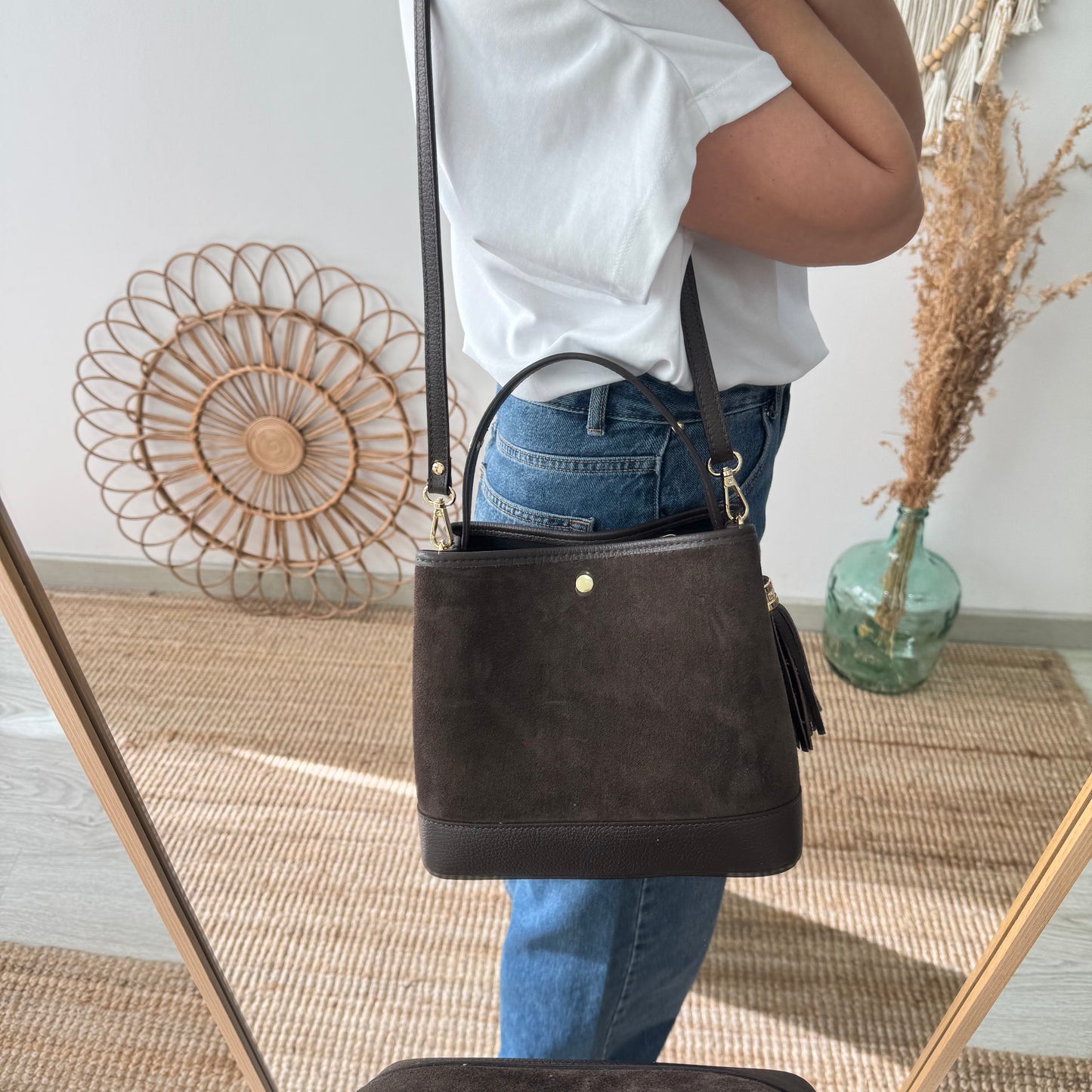 Bolso trapecio combinado serraje y piel marrón