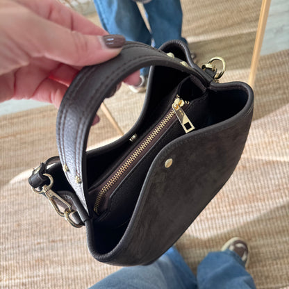 Bolso trapecio combinado serraje y piel marrón