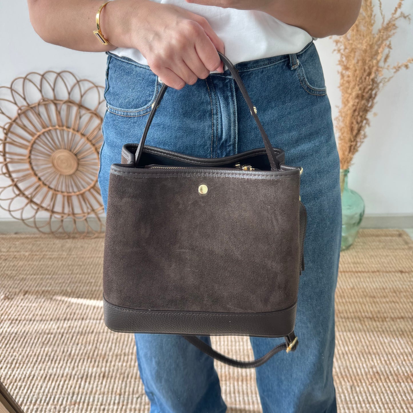 Bolso trapecio combinado serraje y piel marrón