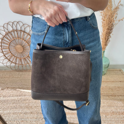 Bolso trapecio combinado serraje y piel marrón