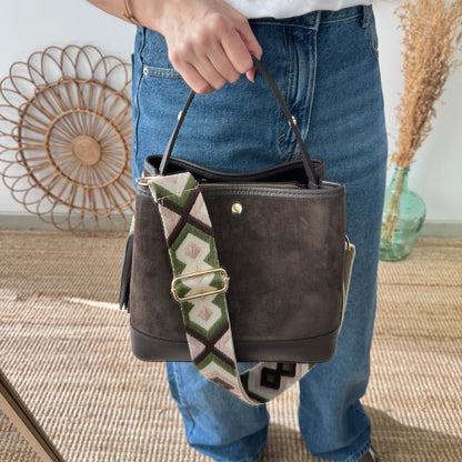 Bolso trapecio combinado serraje y piel marrón