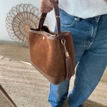 Bolso trapecio combinado serraje y piel camel