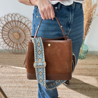 Bolso trapecio combinado serraje y piel camel