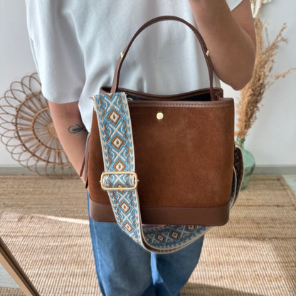 Bolso trapecio combinado serraje y piel camel