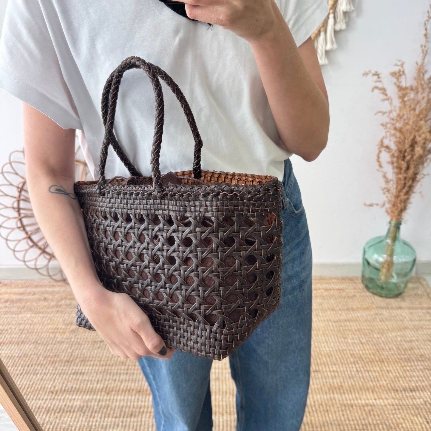 Bolso rejilla de piel marrón