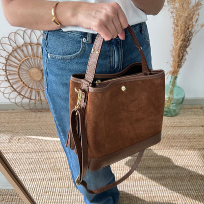 Bolso trapecio combinado serraje y piel camel