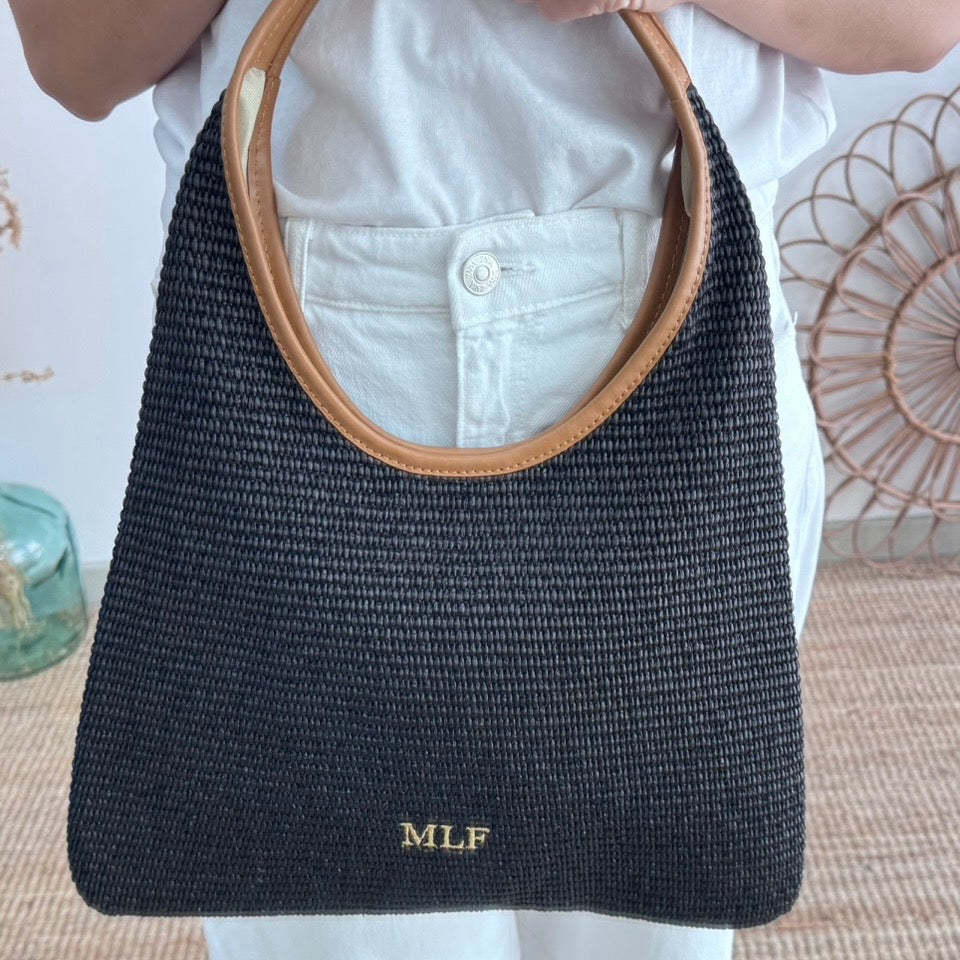 Bolso hobo combinado piel y rafia negro