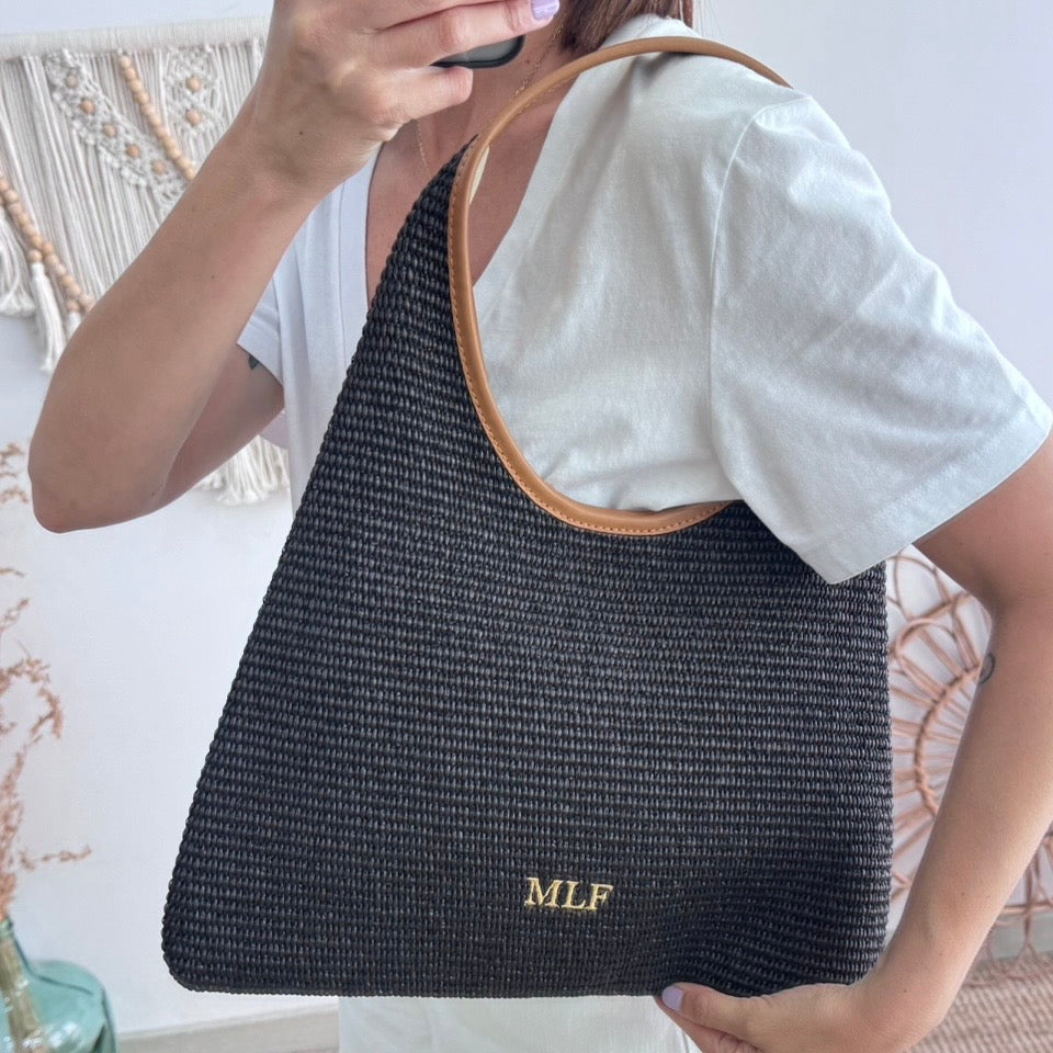 Bolso hobo combinado piel y rafia negro