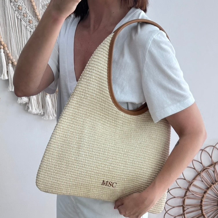 Bolso hobo combinado piel y rafia beige