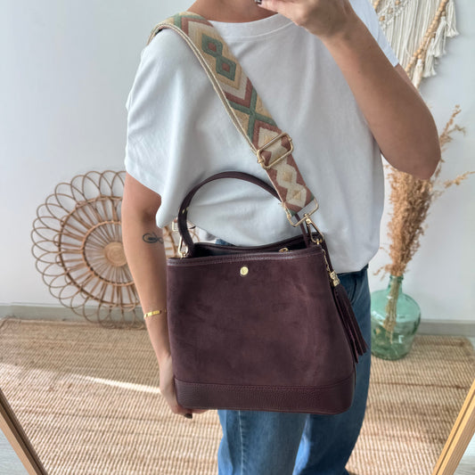 Bolso trapecio combinado serraje y piel granate