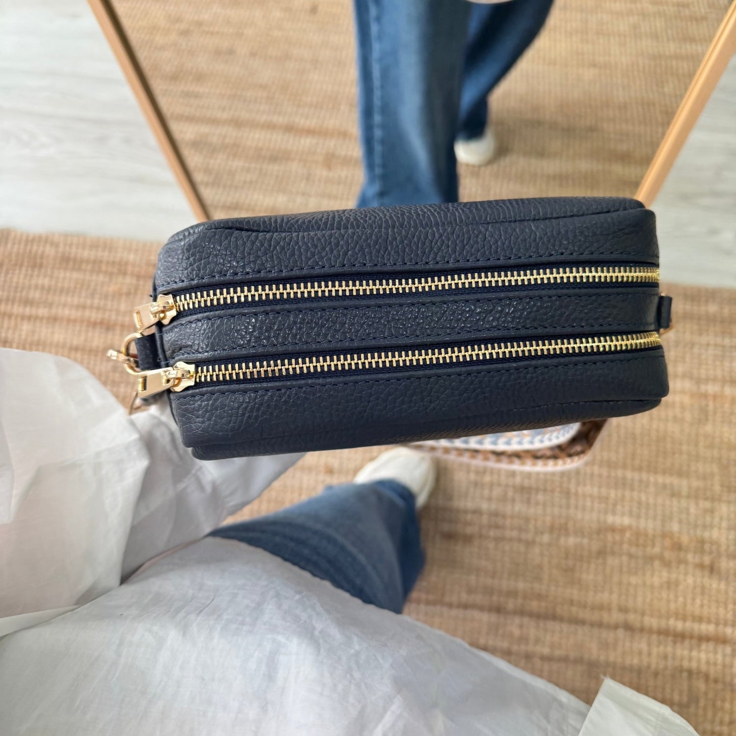 Bolso rectangular piel azul marino personalizado iniciales bordadas - Bubbleshopbcn