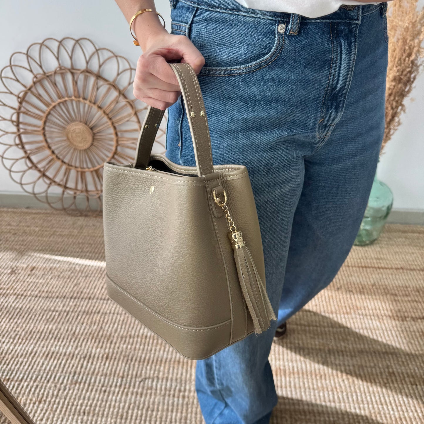 Bolso trapecio combinado piel taupe