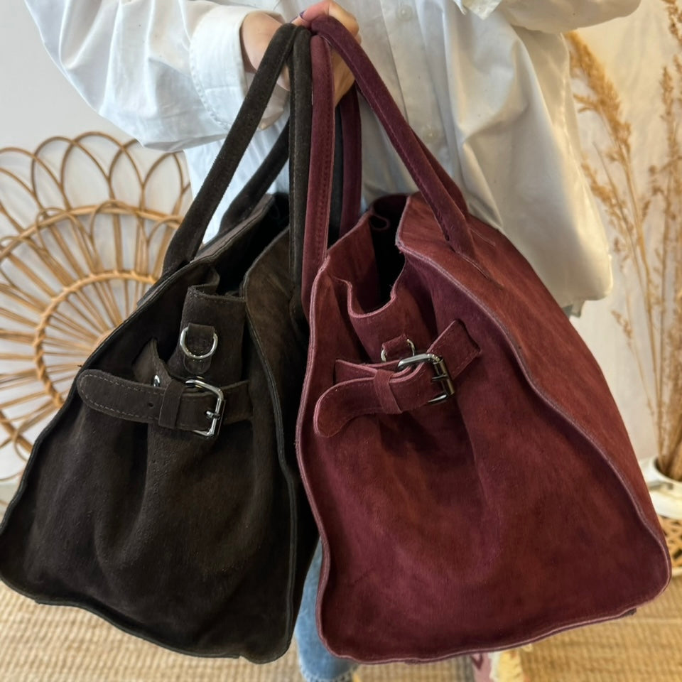 Bolso shopper hebillas serraje marron