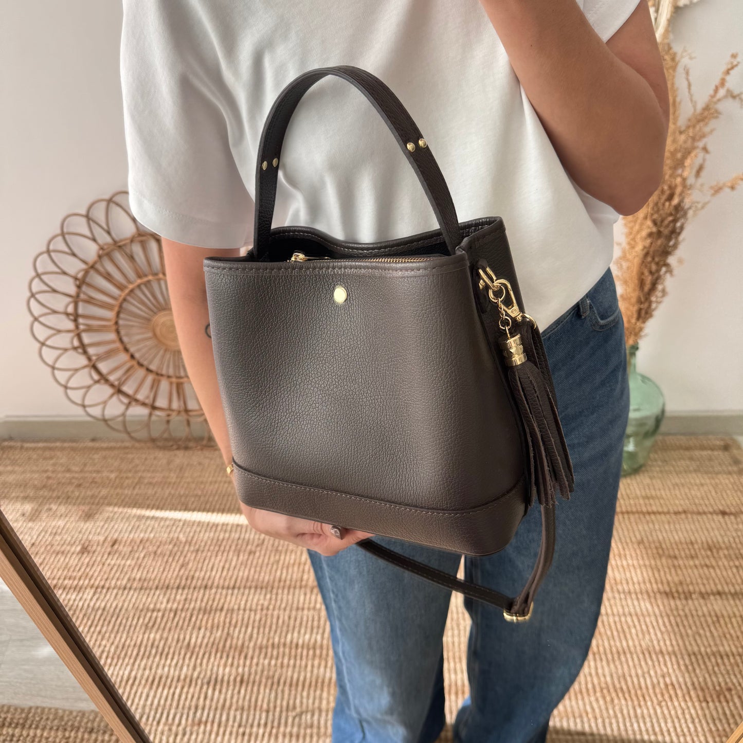 Bolso trapecio combinado piel marrón