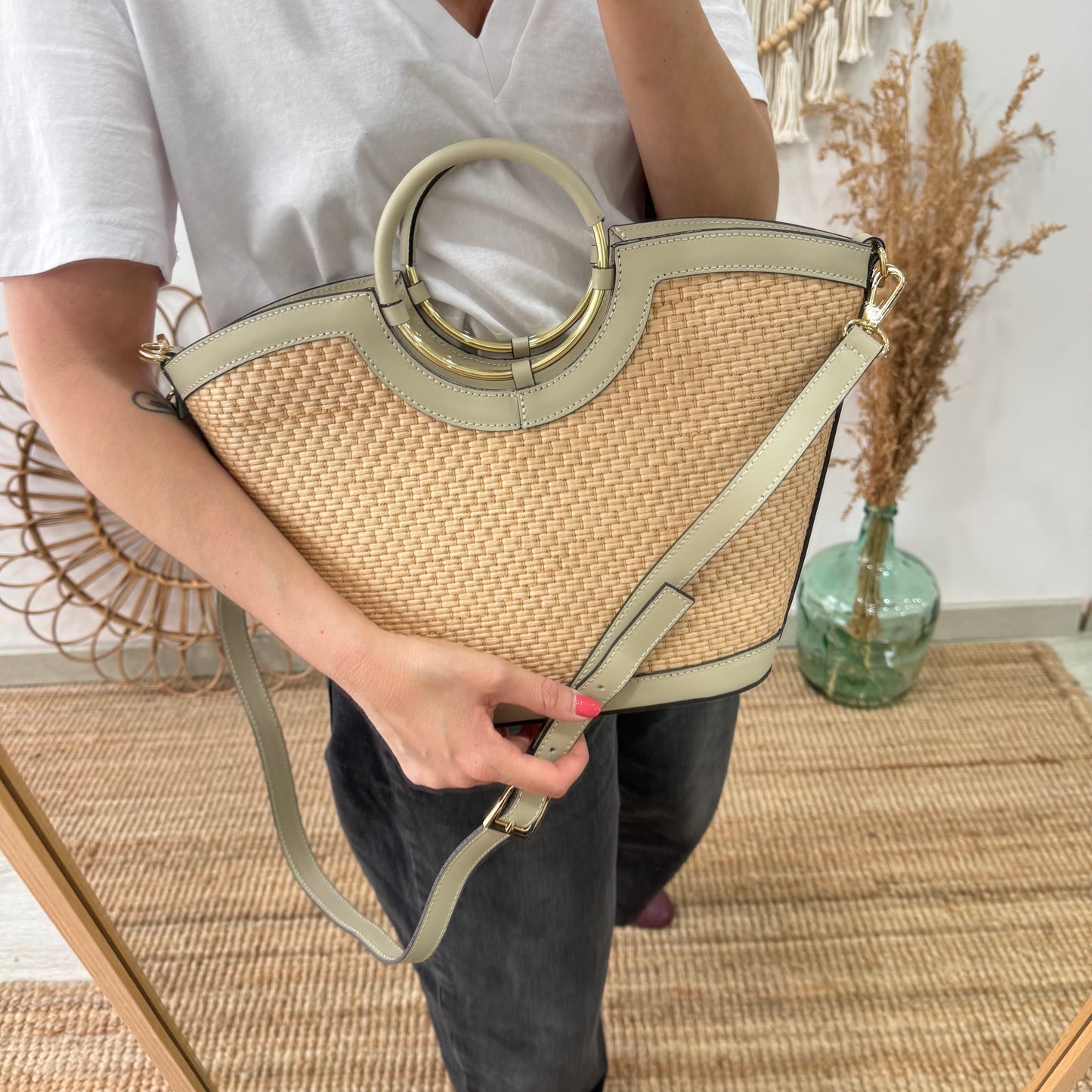 Bolso tote rafia beige/piel beige