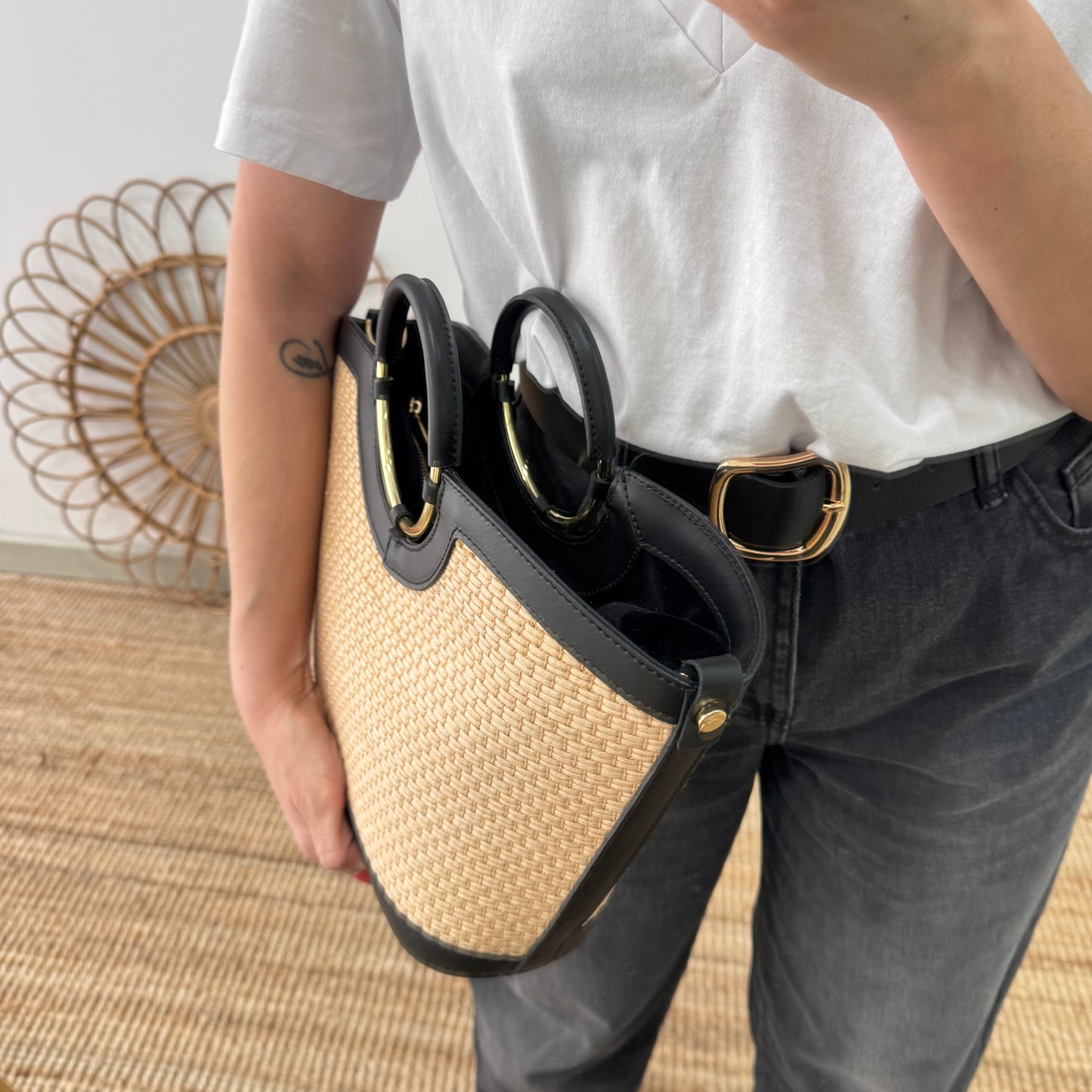 Bolso tote rafia beige/piel negra
