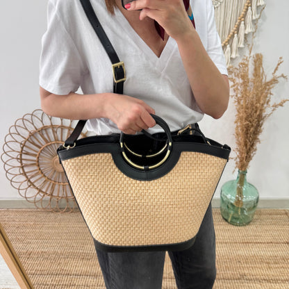 Bolso tote rafia beige/piel negra