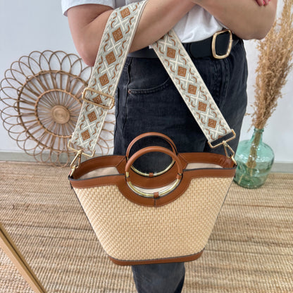 Bolso tote rafia beige/piel camel