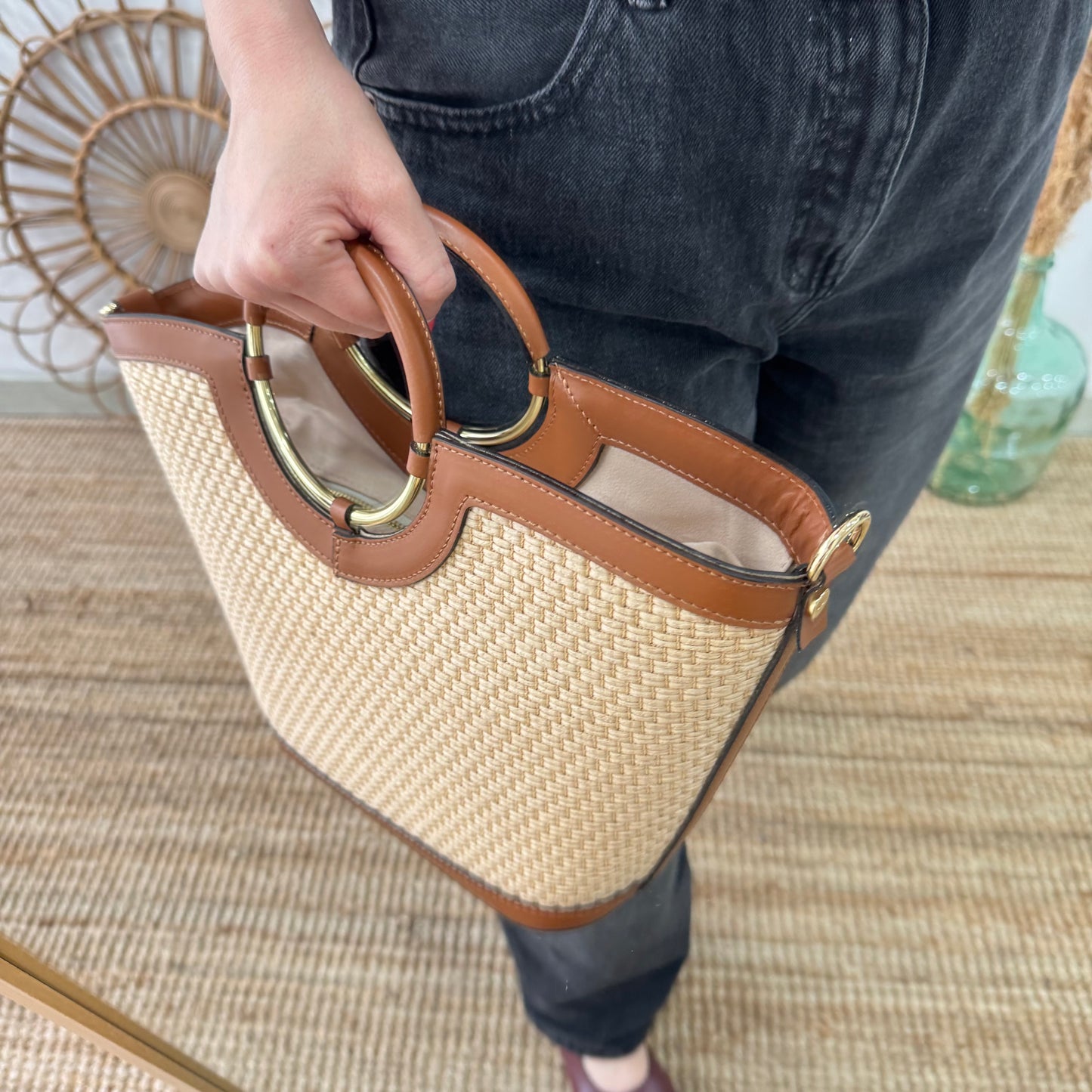 Bolso tote rafia beige/piel camel